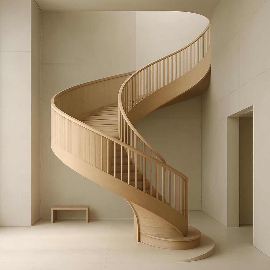 This image features a light wood spiral staircase in a light-colored room as the central focus. The clean and minimalist b...
